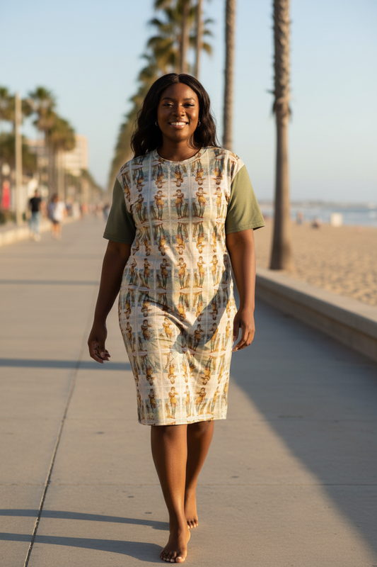 A woman walking barefoot on a sunny boardwalk by the beach, wearing a short-sleeve dress with an abstract pattern in beige, brown, and white over an olive green base.
