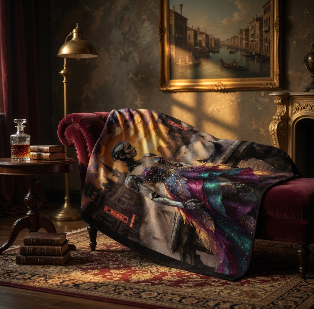 Neo-Venice Cipher Throw Blanket | Futuristic Crypto Art Home Decor | Bullfrog Prints Canada